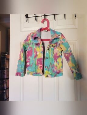 Soho Blue Denim Girls Jacket Pastel Tie-Dyed Pink Trucker Boho Summer Size 7/8
